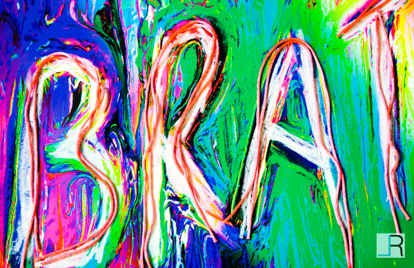 The word Brat painted in rainbow colours, layered with pink shoelaces